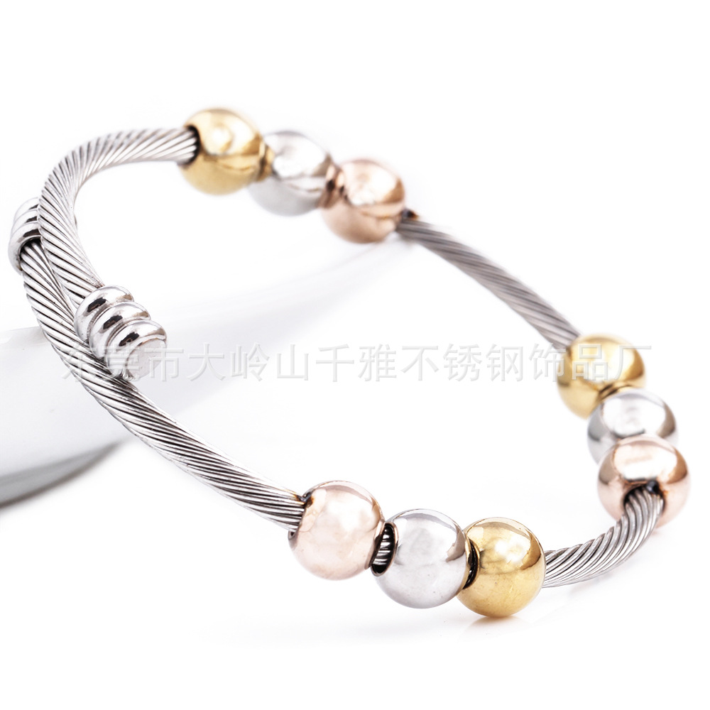 不銹鋼鋼絲麻繩開口手環 不銹鋼鋼絲手鐲配轉運珠